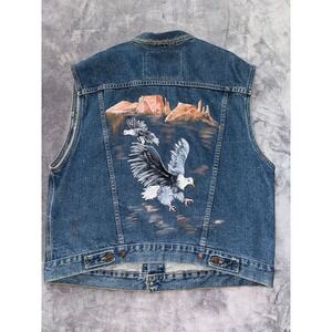 Vintage Levis Denim Vest USA Made Hand Painted Eagle Biker Jacket 70505 Size 2XL